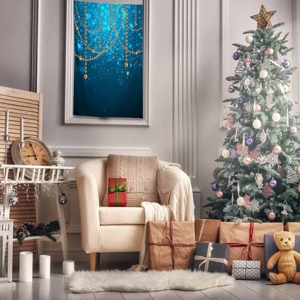 Tapestry Golden Decorating Baubles On Glowing Holiday Becomes Blurred Background Snowflakes And Stars Yellow With Blue | Дом и сад