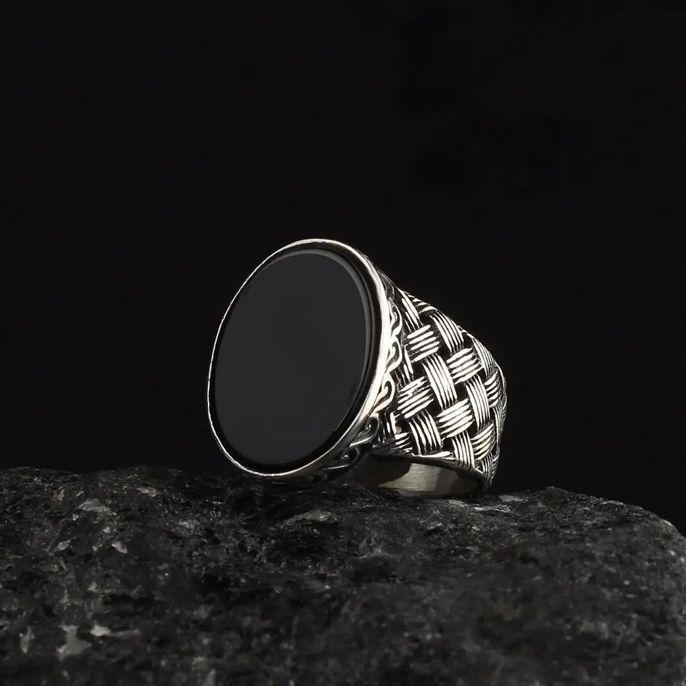 MEN Onyx Stone Mesh Pattern Modeled 925 Sterling Silver Ring Made in Turkey Male Gift Accessories High Quality Fashion Trend