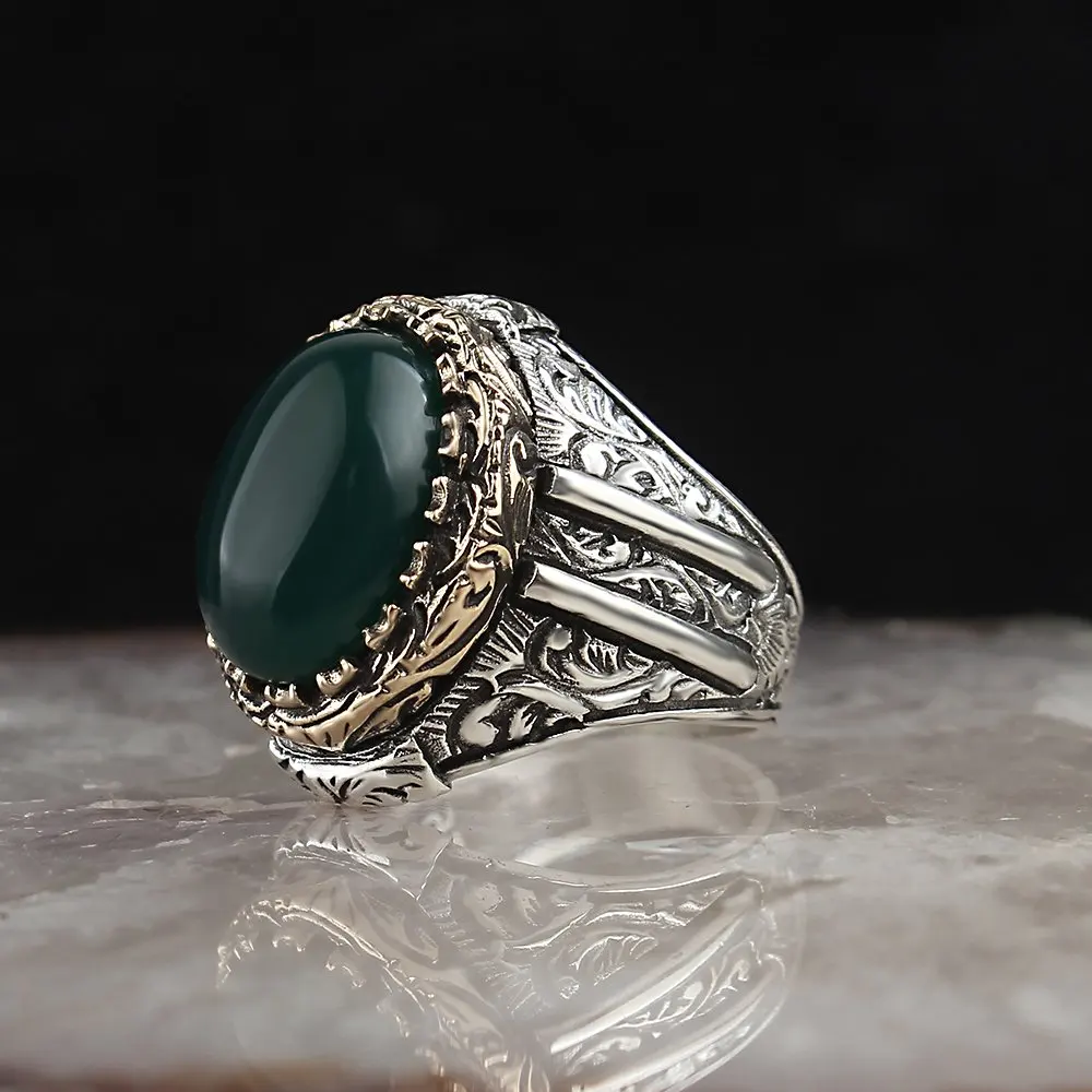 

Green Agate Gemstone Pen İşçilikli Silver Men 'S Ring