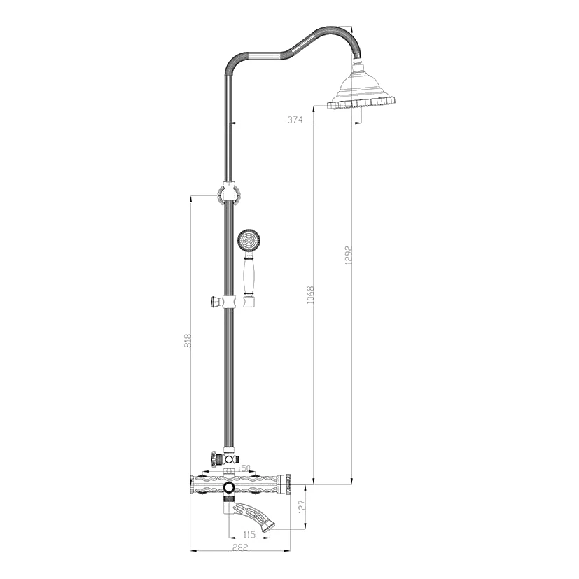 Смеситель с верхней лейкой ZorG Sanitary A 103DS-BR (Душевая стойка с верхним душем, шланг повышенной прочности, душевая лейка, эксцентрики, крепления)