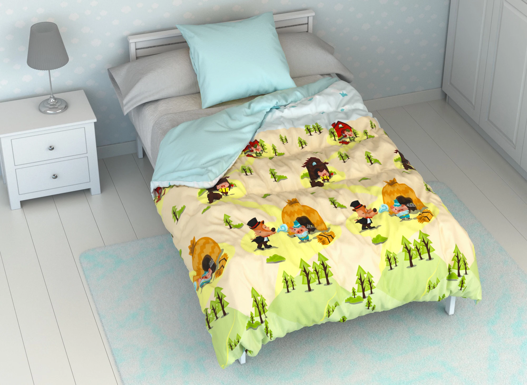 Funda Nórdica Infantil Reversible Modelo LOS TRES CERDITOS para cama de 90. Colorida de edredón de los tres cerditos. - Hogar y jardín