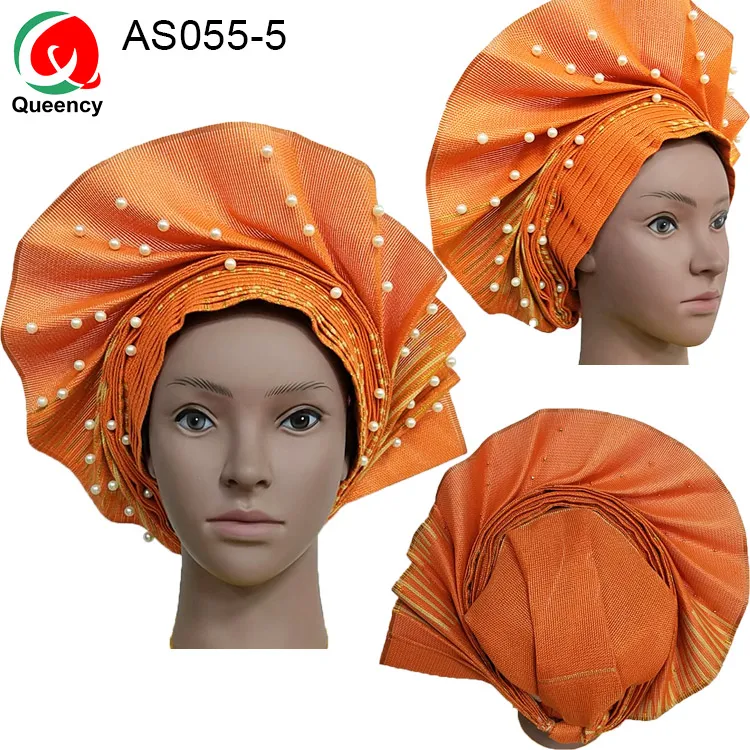 

AS055-DHL Aso Ebi Already made auto gele for bride and dating nice colors Nigeria and America women gele with white beads