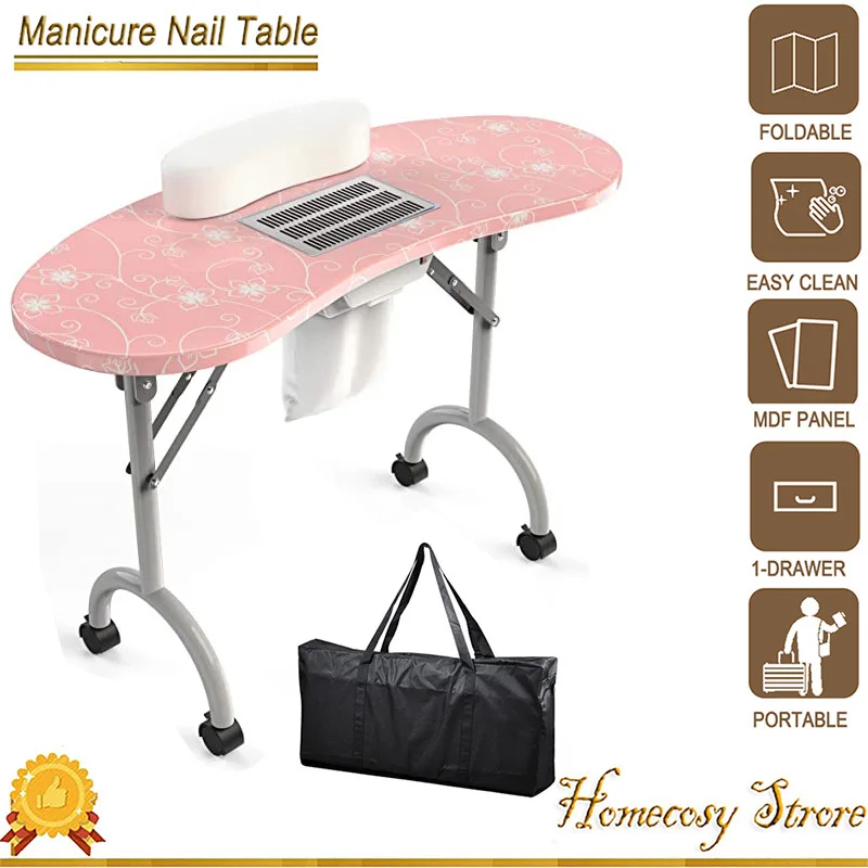 Foldable Mani Desk For Home Beauty Salon with Wrist Cushion Fan Dust Collector Wheels Carry Bag Manicure Table Nail Station mani neumeier