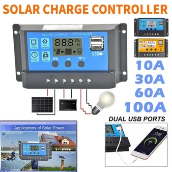 

30A 60A 100A 12V 24V Auto Solar Charge Controller PWM Controllers LCD Dual USB 5V 2A Output Solar Panel PV Regulator Home Batter