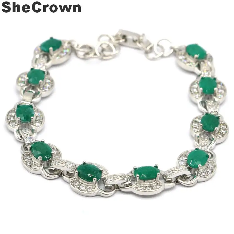 

20x11mm Luxury 16.5g Real Green Emerald White Cubic Zirconia Gift Silver Bracelet 7.0-8.0inch