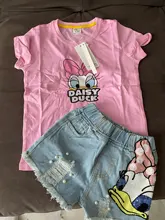 Conjunto de ropa con estampado de patos para niñas, camisa y pantalones cortos vaqueros con agujeros rotos de lentejuelas para verano