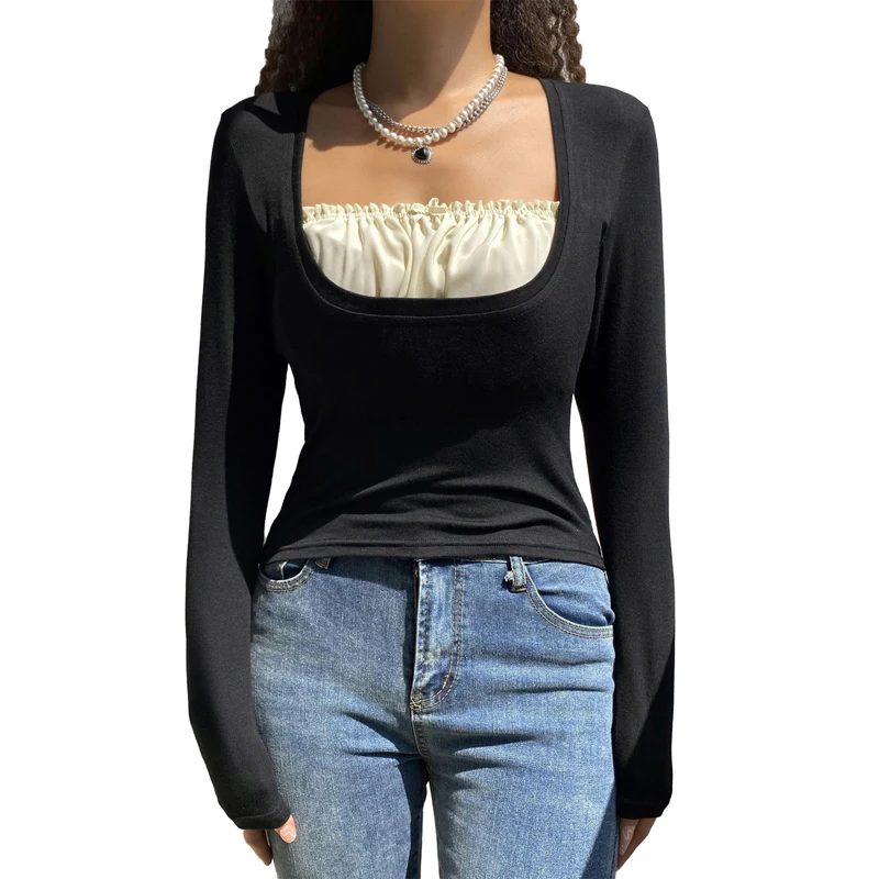 Korean Cute Y2K Retro Cotton Tops Lace Patchwork Buttons Kawaii Tshirts Autumn Square Collar Chic Casual Shirts