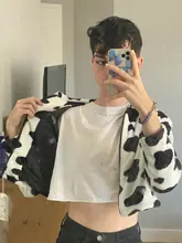 HEYounGIRL-abrigo de piel sintética con estampado de vaca para mujer, peludos casuales con estampado de animales, Chaqueta corta de peluche con cremallera, abrigo coreano Harajuku para otoño