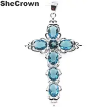 31x22 мм Классический созданный длинный крест Лондонский голубой топаз подарок для женщин сделать серебряный кулон