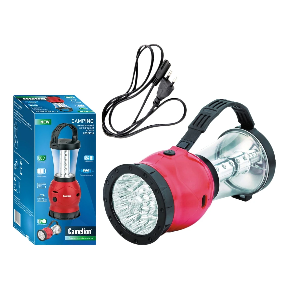 Фонарь поисковый CAMELION LED29318 (24 светодиода, 60 лм, луч 20 м, индикатор заряда, акк на 2000 мАч)
