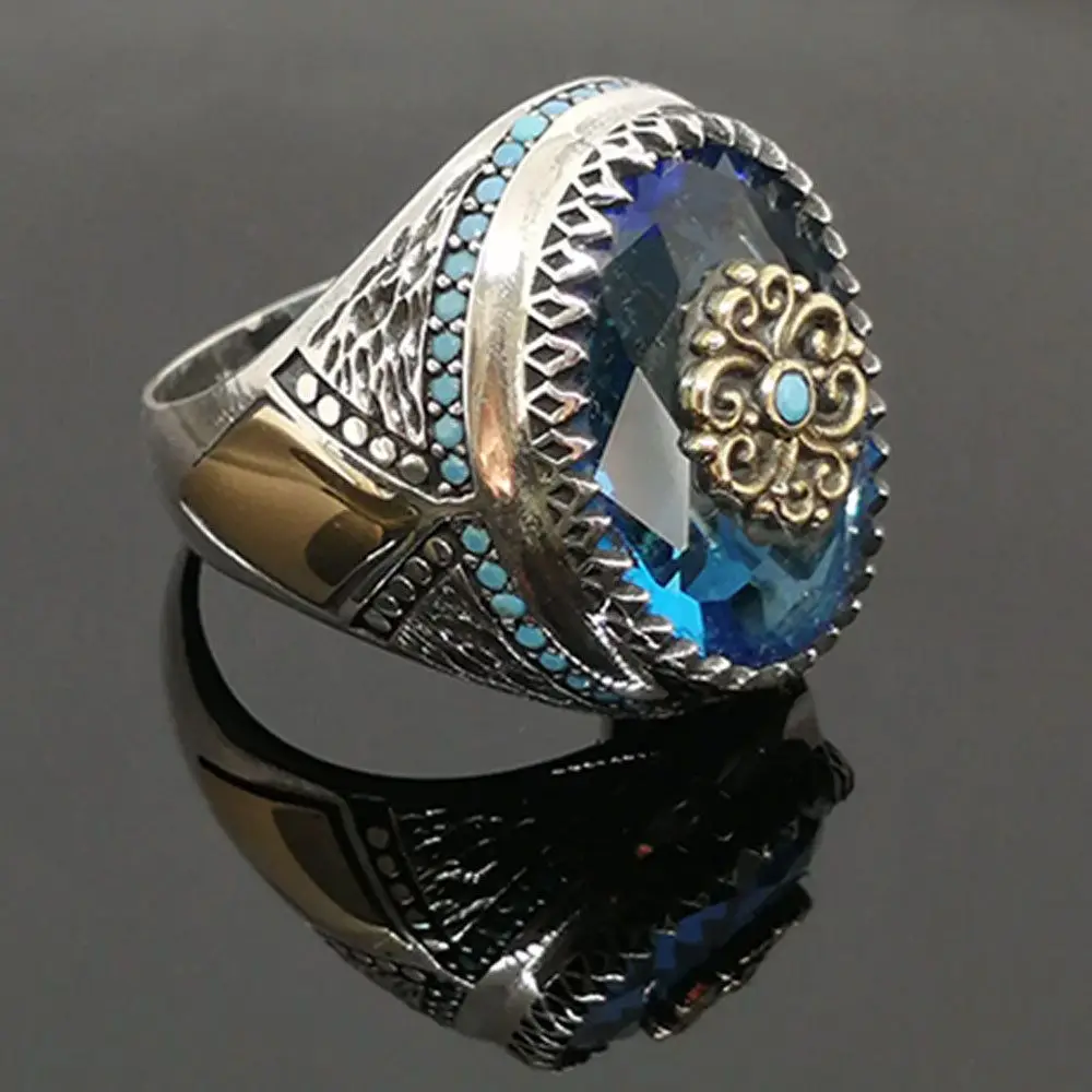 Simulated Turquoise and Zircon Stone Turkish Handmade Bronze Ring Handcrafted 