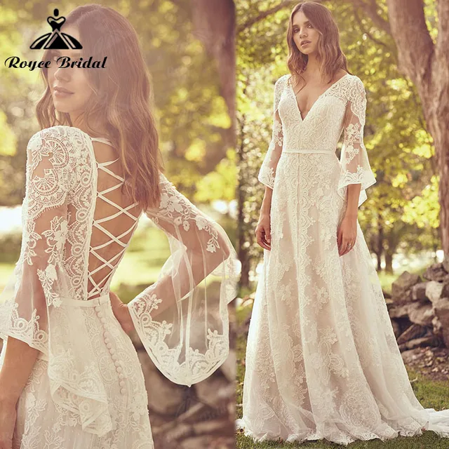 Boheme A Line Boho Wedding Dress Lace V Neck Lace Open Back Three Quarter Flare Sleeve Bridal Gown Customized robe de mariée 1