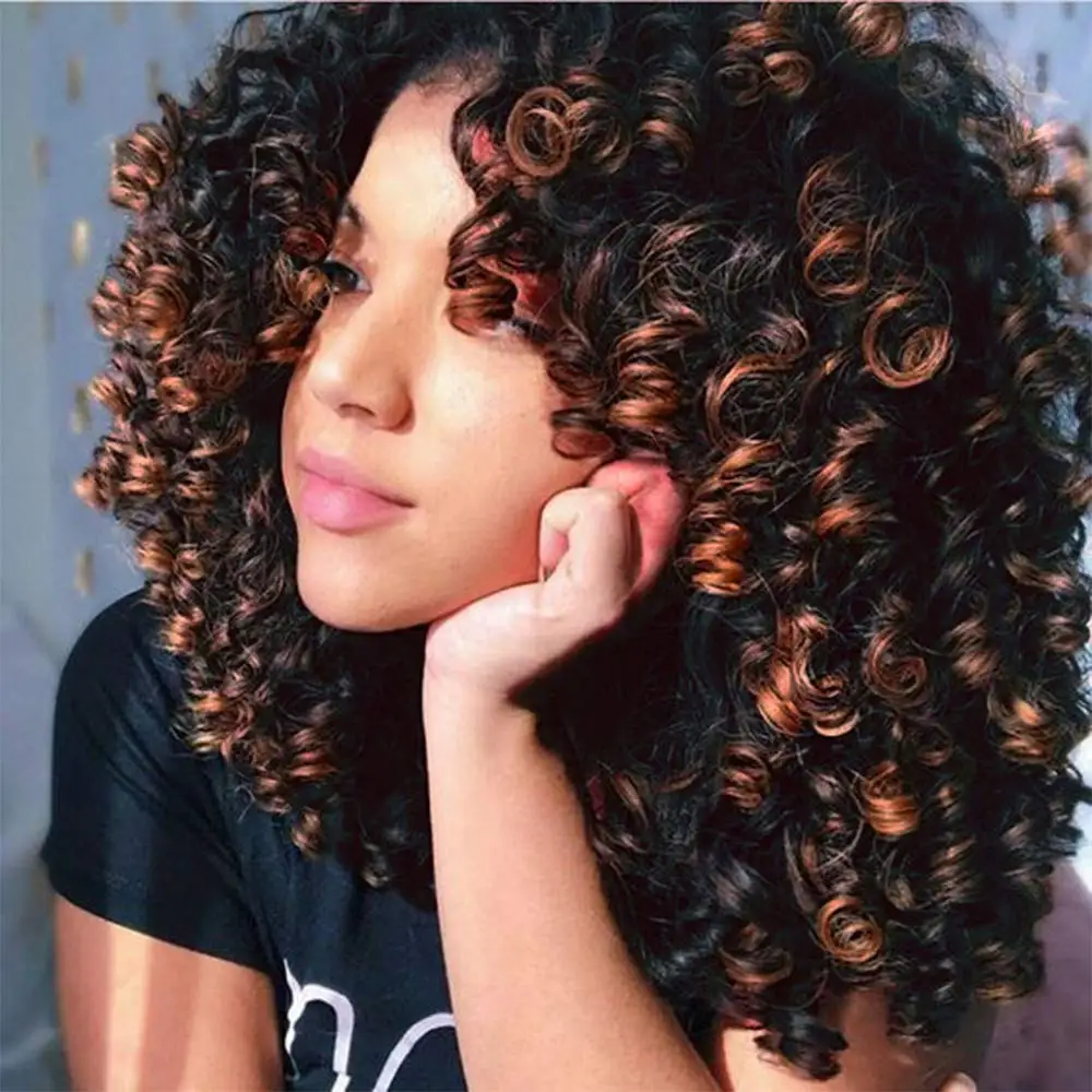 

Stamped Glorious Afro Wig Synthetic Kinky Curly Wigs for Women Dark Brown Mixed Blonde Curly Hair with Bangs 2 Tone Color