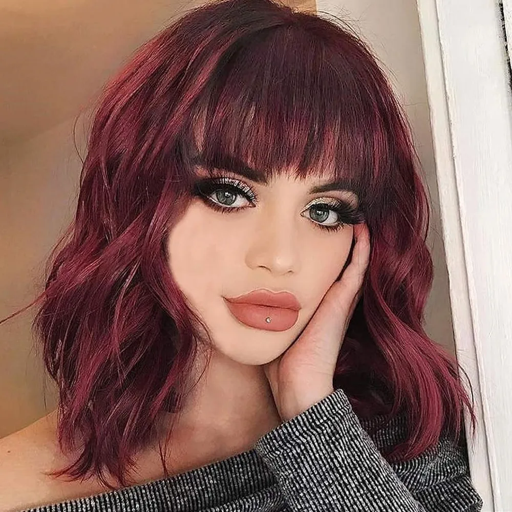 Natural Wave 99j Red Burgundy Colored Full Machine Made Human Hair WigsRemy With Bangs 150% Wigs Pre Plucked | Шиньоны и парики