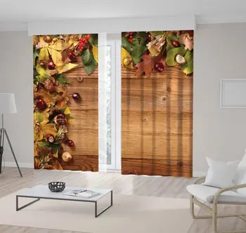 

Curtain Autumn Leaves and Chestnut over Wooden Background Nature Country Style Decor Brown Green