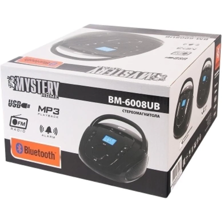Акустика портативная Mystery BM-6008UB black/silver (всечастотный динамик; 2 х 1.5 Вт; будильник;  ЖК дисплей; флэш-карт
