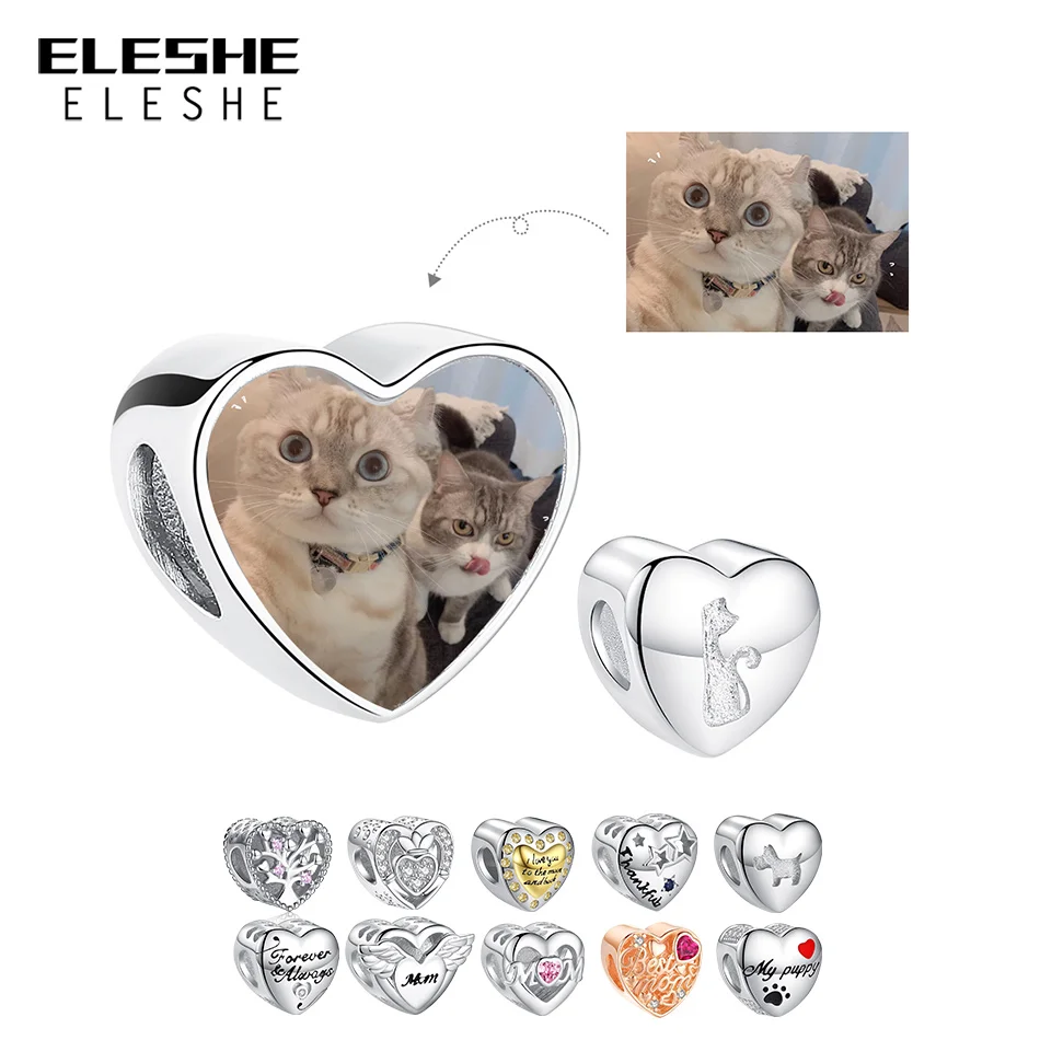 ELESHE Personalized Custom Photo Charm Cute Pet Cat Dog Heart Bead Fit Bracelet For Women 925 Sterling Silver DIY Jewelry Making