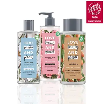 

LOVE BEAUTY AND PLANET Pack sampoo dry hair, body lotion AND shower Gel vegan, Package 100% recyclable