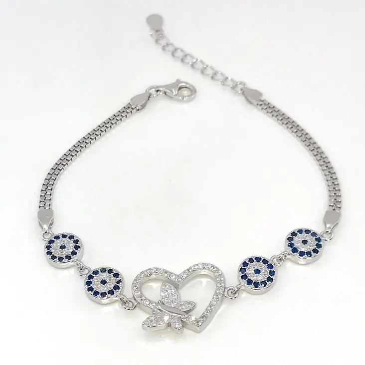 

Heart Butterfly Evil Eye Watercourse Imported Quality Silver Bracelet