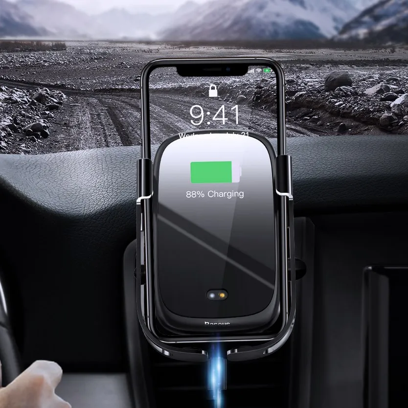 Держатель с беспроводной зарядкой Baseus Rock-solid Electric Holder Wireless charger серебристый
