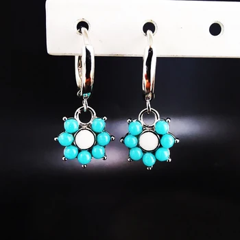 

E111Fashion Jewellry 925 Sterling Silver Hoop Earrings For Women Synthetic Turquoise Blooming flowers 2020 Trendy free shipping