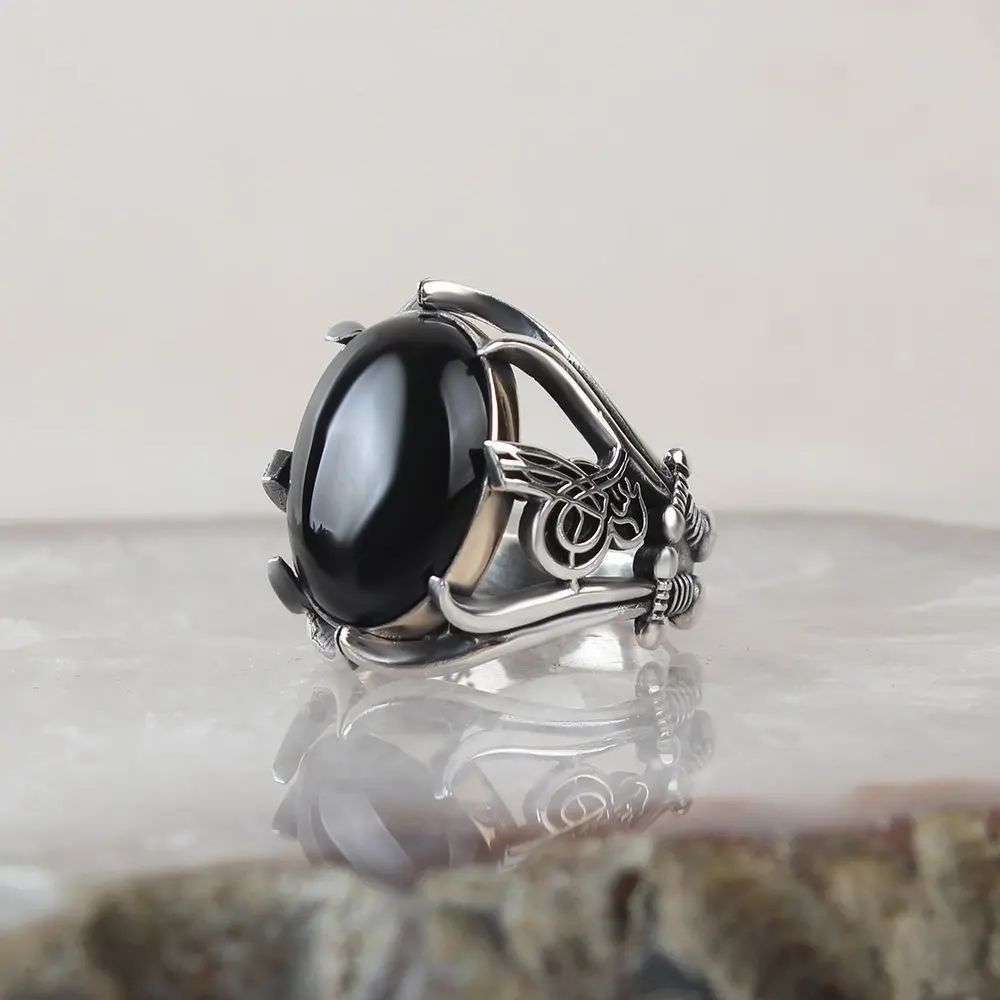 MEN 'S 925 Sterling Silver Ring, Onyx Stone, Sword and Ottoman Tuğra Embroidered, Handmade, made in Turkey, Fashion Jewelry Trend High Quality 