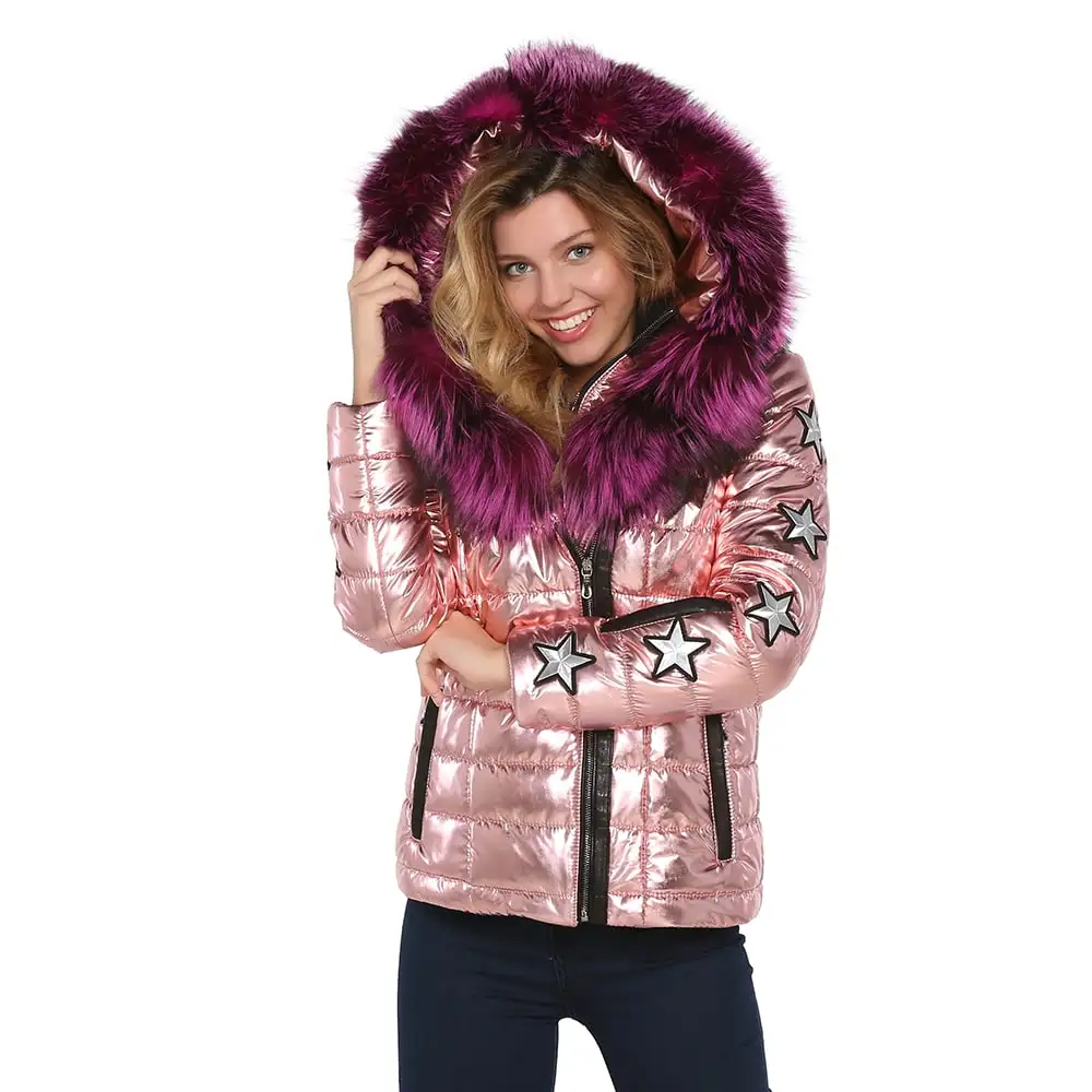 K_9013_Metalic_Pink__Puffer_Star_Woman_Jacket_With_Fur_Front_Side