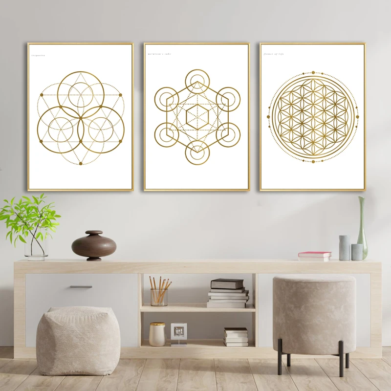 Gold Crystal Healing Grid Patterns Prints Living Room Decor