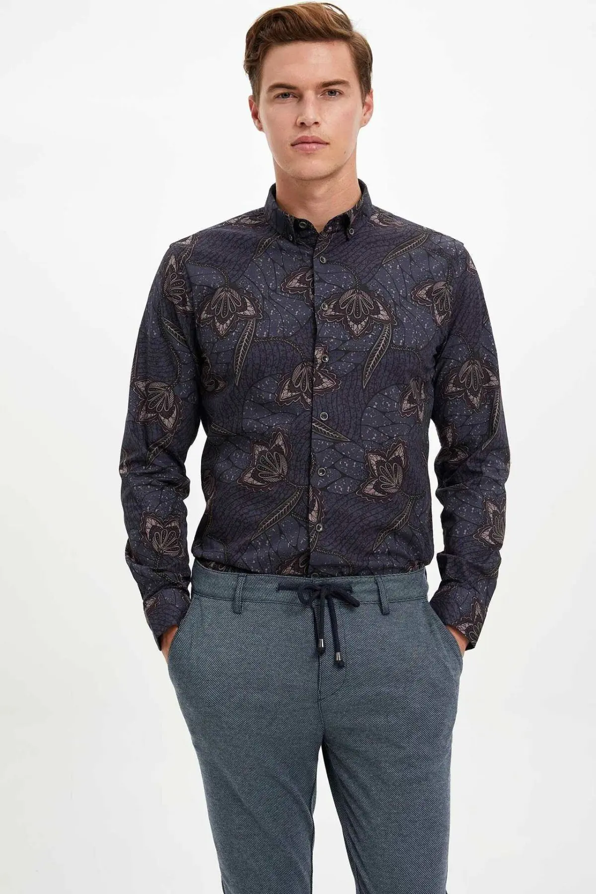 Дефакто Мужская рубашка с длинным рукавом, мужские винтажные топы с принтами, Смарт повседневные рубашки с отложным воротником Shirts-M2859AZ19WN