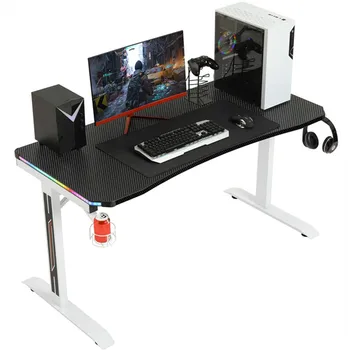 

Ergonomic 55" Gaming Desk Table T-Shaped PC Gamer Tables Computer Desk W/ RGB Lights Cup Holder Headphone Hook Mouse Pad White