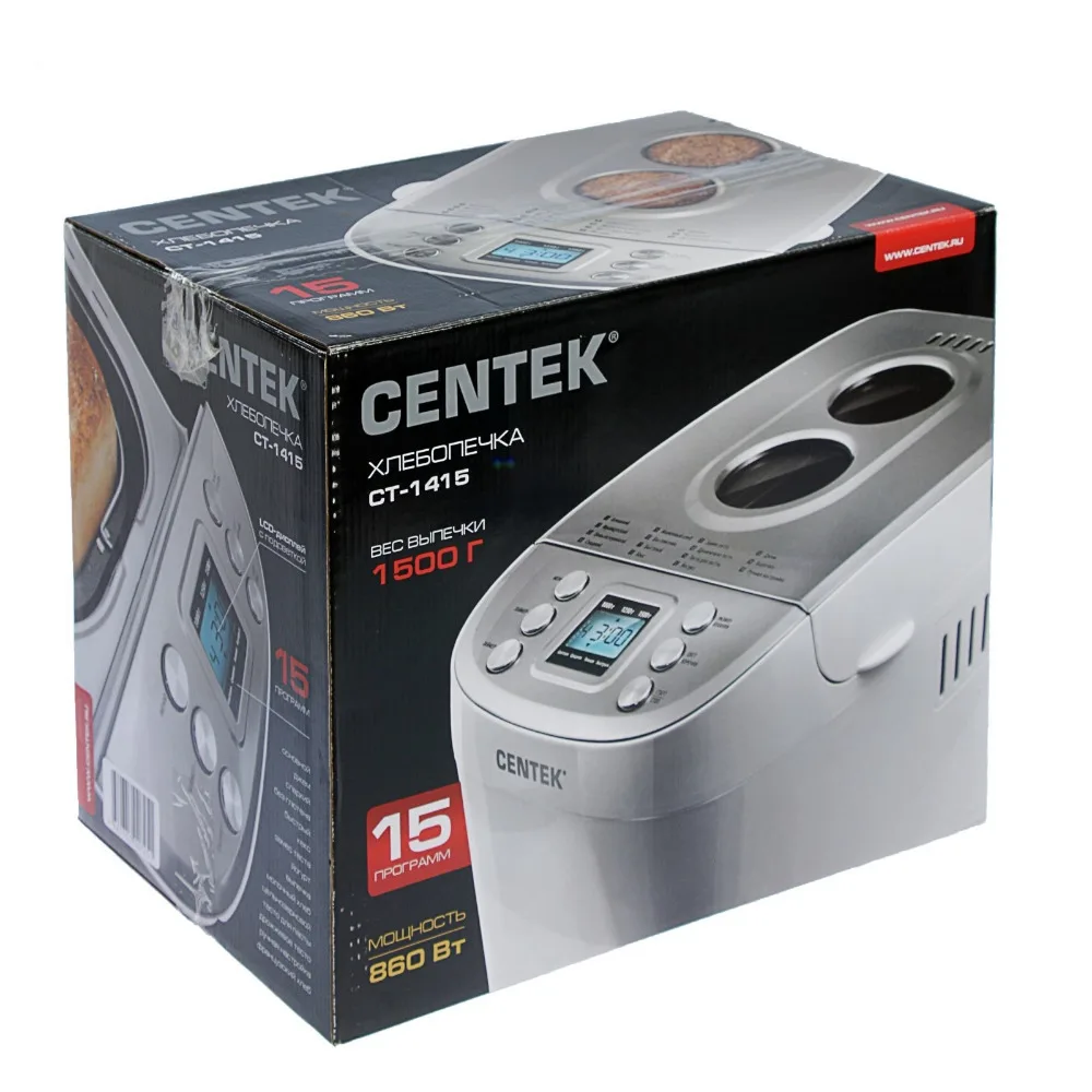 Хлебопечка Centek CT-1415, 860 Вт, 15 программ, LCD дисплей, выбор цвета корочки, таймер