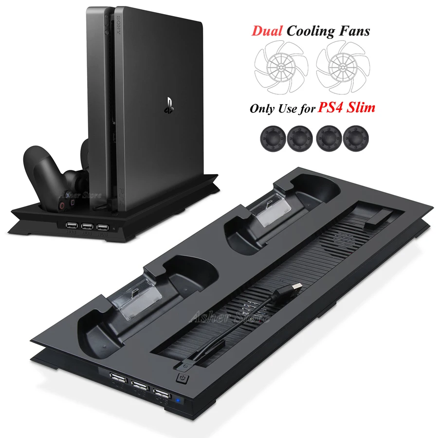 Вертикальная подставка для PS4 Slim с 2 контроллерами зарядная док станция