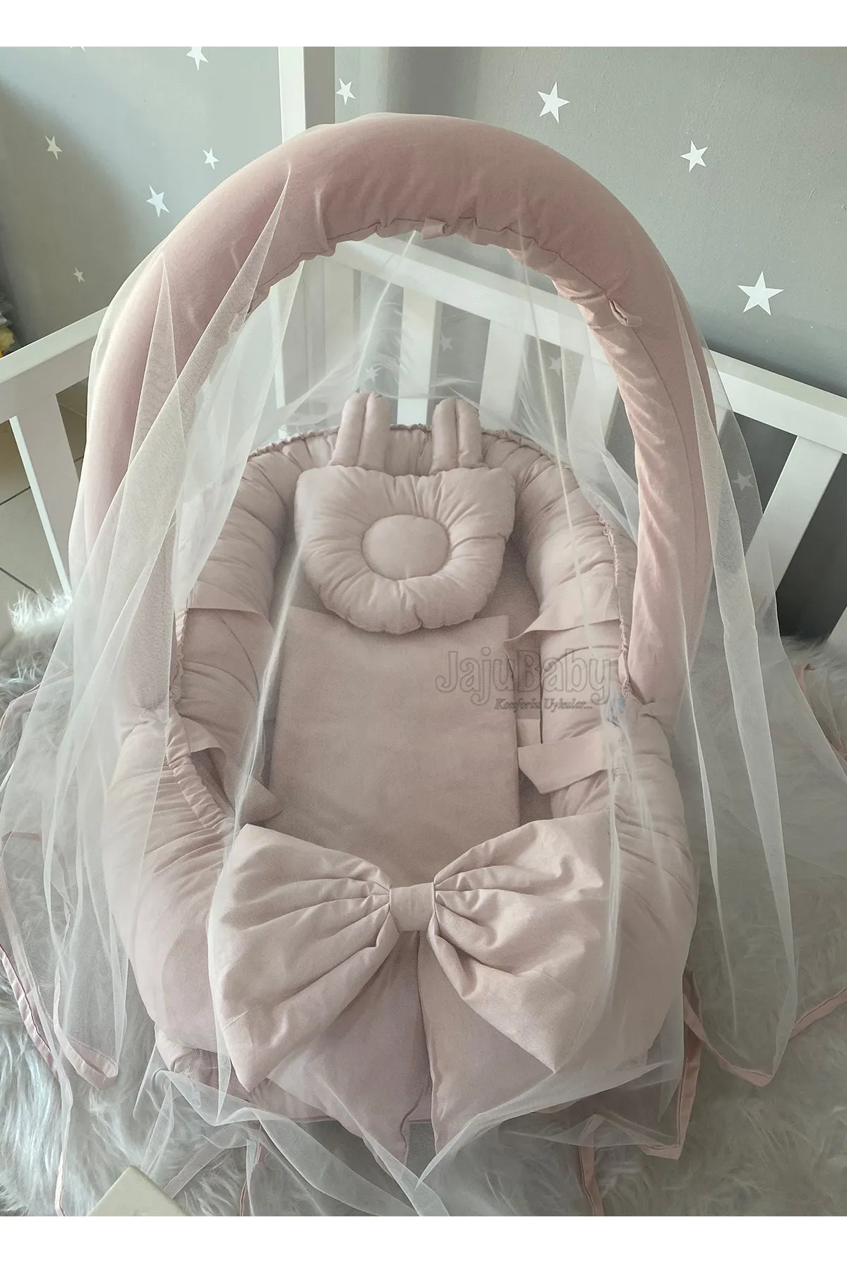 Babynest Pudra Design Mother's Bed with Mosquito Net and Toy Hanger Baby Nest