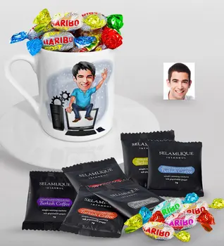 

Personalized Mr Computer Engineer Caricature Of Turkish Coffee Cup Selamlique Mixed Turkish Coffee house And Haribo Candy gift