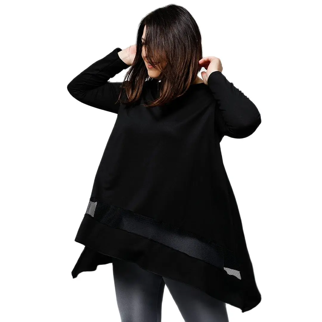 Camicetta Nera Lunga Asimmetrica Con Dettaglio Filet Taglie Forti Da Donna, Progettata E Realizzata In Turchia, Nuovo Arrivo