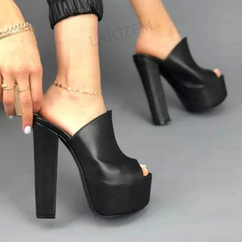 

BERZIMER Women Platform Pumps Peep Toe Chunky Heeled Slides Mules Faux Leather Height Increase Shoes Woman Big Size 41 44 50 52