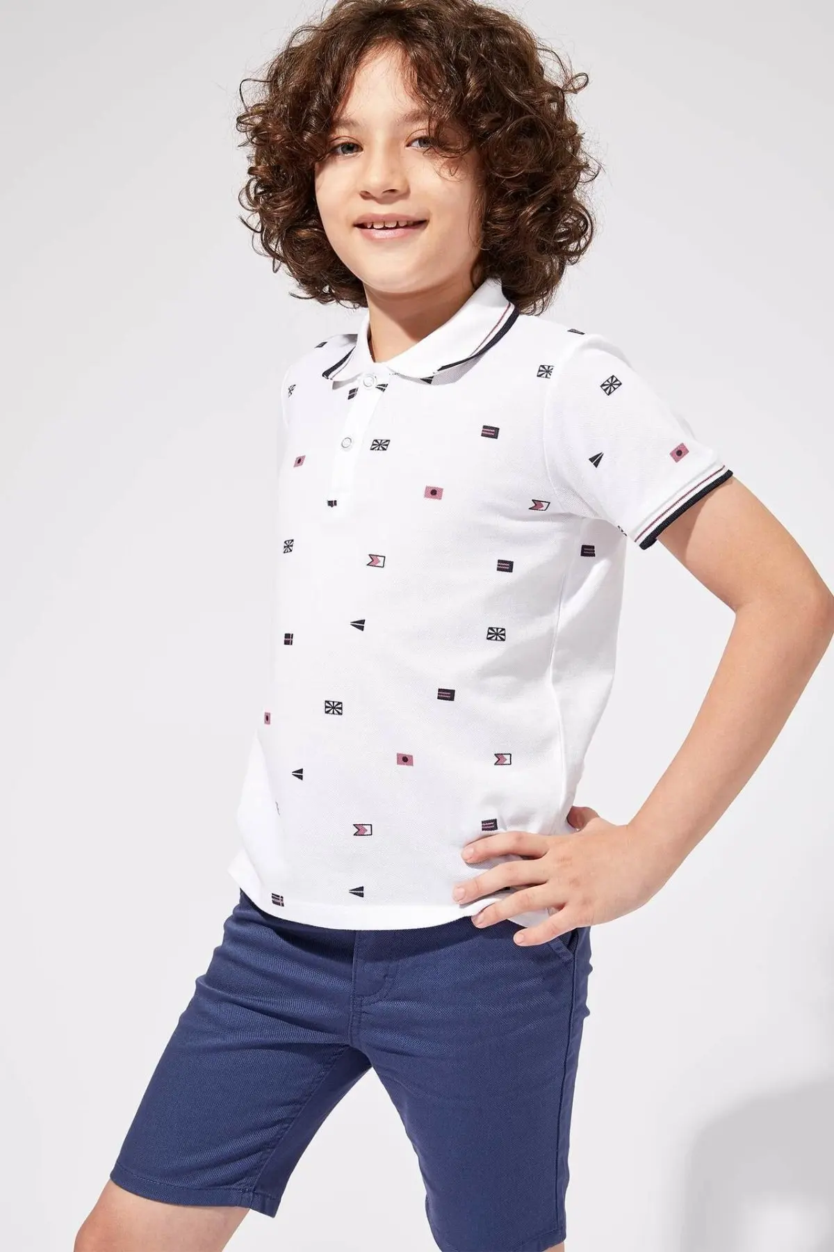 DeFacto Boy Fashion Lapel T-Shirt Kids Print Pattern Casual Short Sleeves Boys Comfort Cotton Tops Cute Summer- M0848A619HS | Мать и