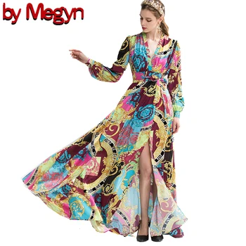 

women maxi dress 2019 long sleeve women elegant party long dress christmas dress deep V sexy maxi runway print plus size