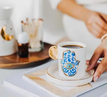 

Handmade ceramic authentic original fatma mother hand hamsa turkish coffee Nescafe Yeşilçay cup and saucer