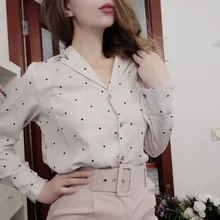 Casual Women Blouse Tops Collar Long-Sleeve Office-Work Printed Polka-Dot Fashion Ladies