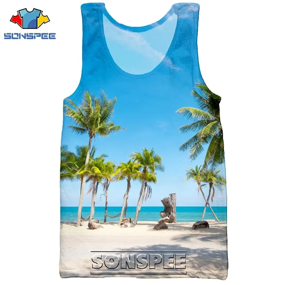 SONSPEE 3D Print Palm Tree Summer Beach Sea Men's Tank Tops Casual Fitness Bodybuilding Gym Muscle Men Sleeveless Vest Shirt