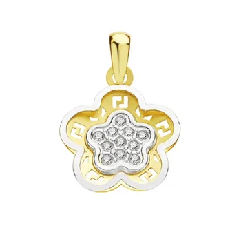 

Pendant two-tone gold 9k flower detail 15cm. Center zircons carved petals