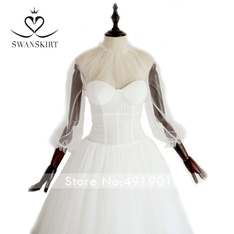 Boho Tulle A-Line Wedding Dress Swanskirt A219 Romantic Puff Sleeve Illusion Lace up Rosette Princes Bride Gown Vestido de Noiva