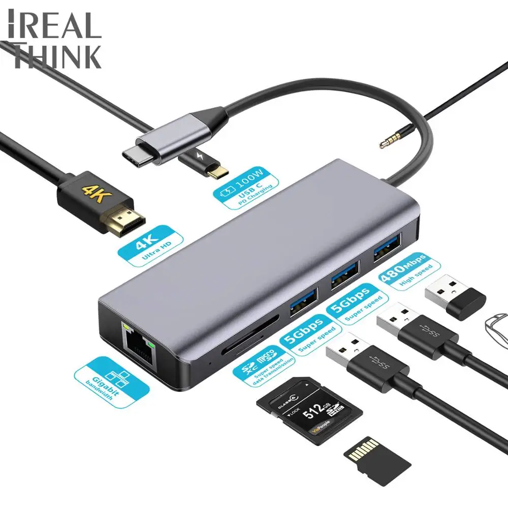 IREALTHINK USB C Type C 3.1 adapter Pro-accessories HDMI Adapter Macbook Dock Splitter USB HUB 1000Mbps Network 3.5mm jack hub