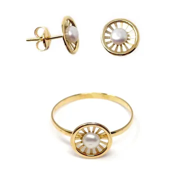 

Set 18k gold first communion girl earrings pressure ring cultured pearl circle button openwork