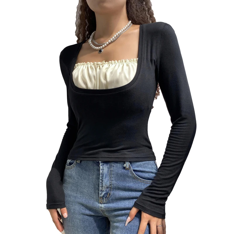 Korean Cute Y2K Retro Cotton Tops Lace Patchwork Buttons Kawaii Tshirts Autumn Square Collar Chic Casual Shirts