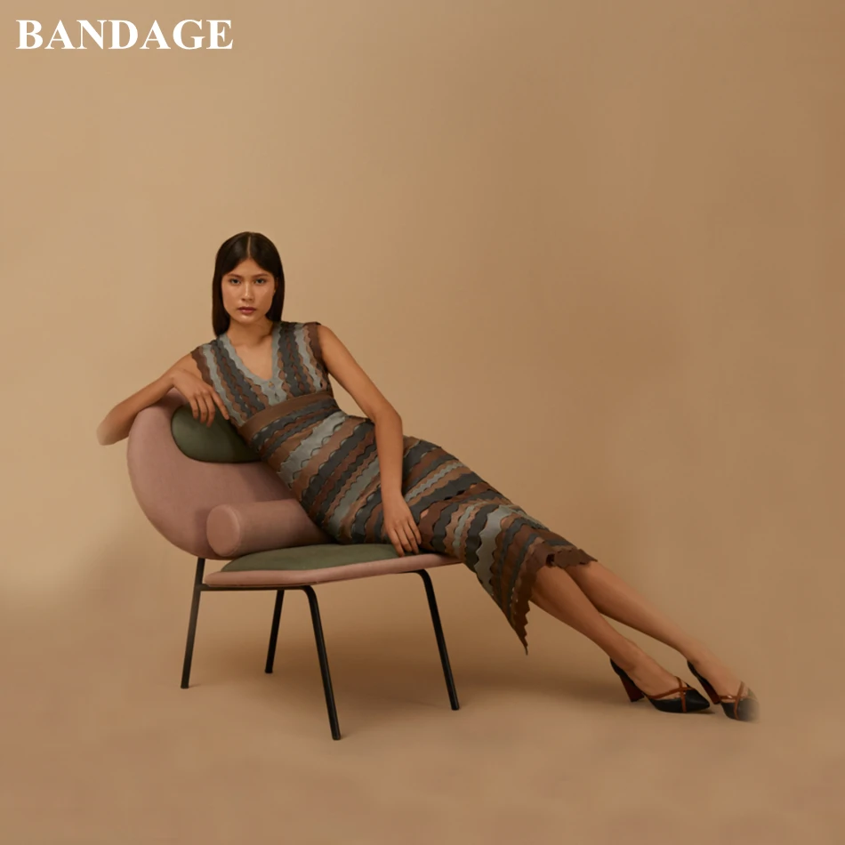 

BANDAGE Autumn Women Vestidos Sleeveless Bandage Dress HL Deep V Neck Bodycon Dresses Elegant Patchwork Evening Party Gown Dress