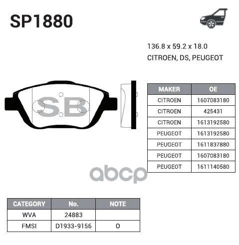 Колодки Тормозные Citroen C3 1.6 09-/Ds3 1.6 10- Передние Sangsin Brake Sp1880 Sangsin brake арт. SP1880