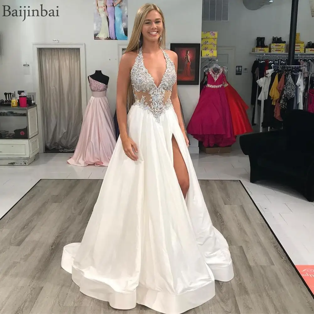 

Baijinbai Sexy High Side Slit Evening Dresses Long Embroidery Beading Prom Dress Satin Halter robe de soiree Party Gowns Ivory
