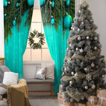 

Decorating Baubles Fir Tree Branches Snowflakes Merry Christmas Theme Green Blue White Curtain